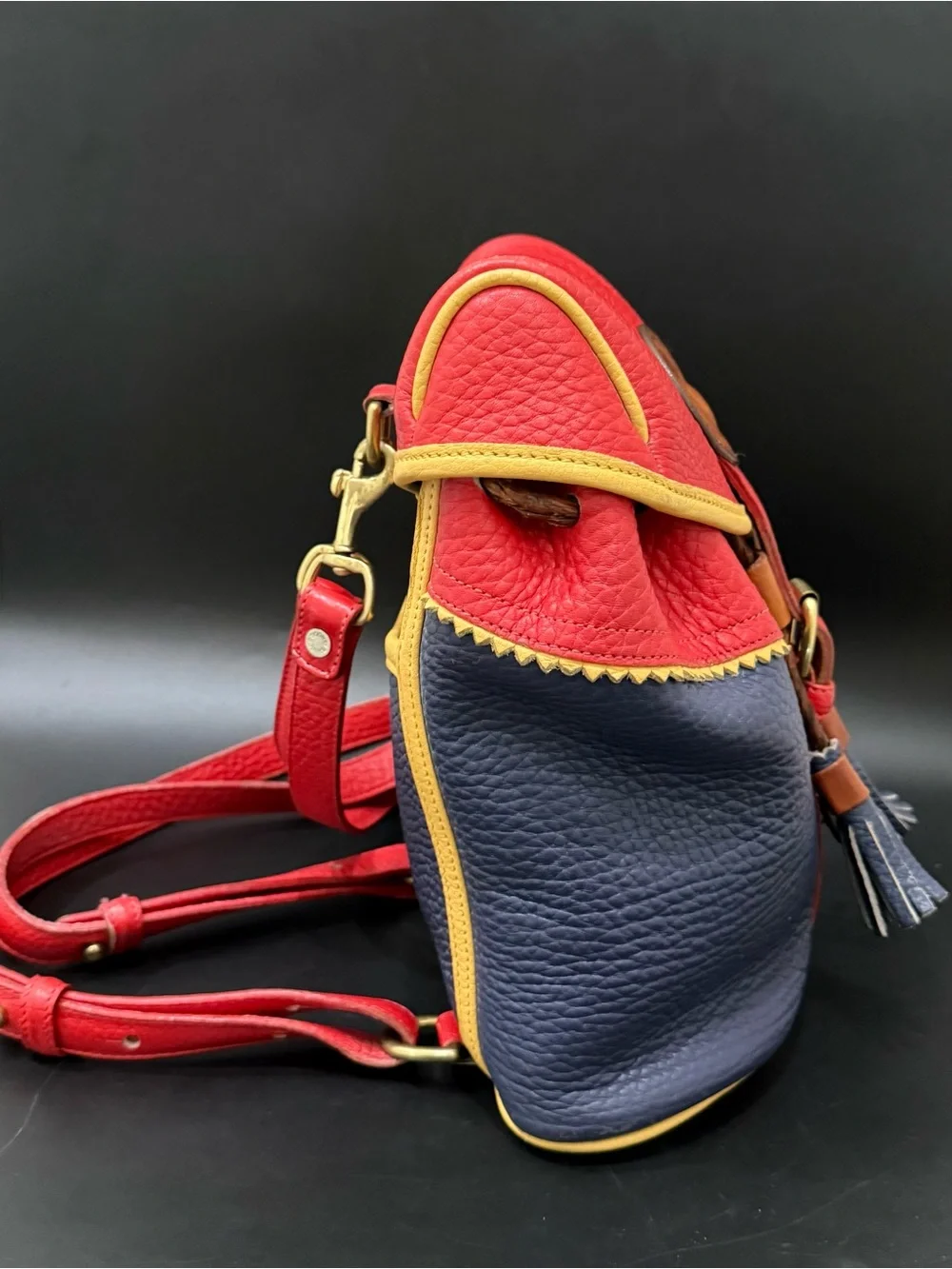 Rare Vintage DOONEY & BOURKE Teton AWL Lipstick Red Navy Yellow Leather Backpack
